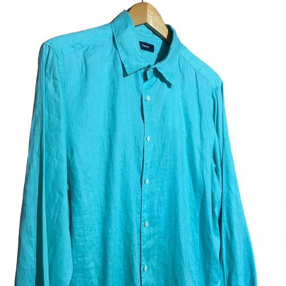 NWT Theory Men’s Celadon Relaxed Linen Button Down‎ Size Medium 100% Linen - Picture 2 of 9